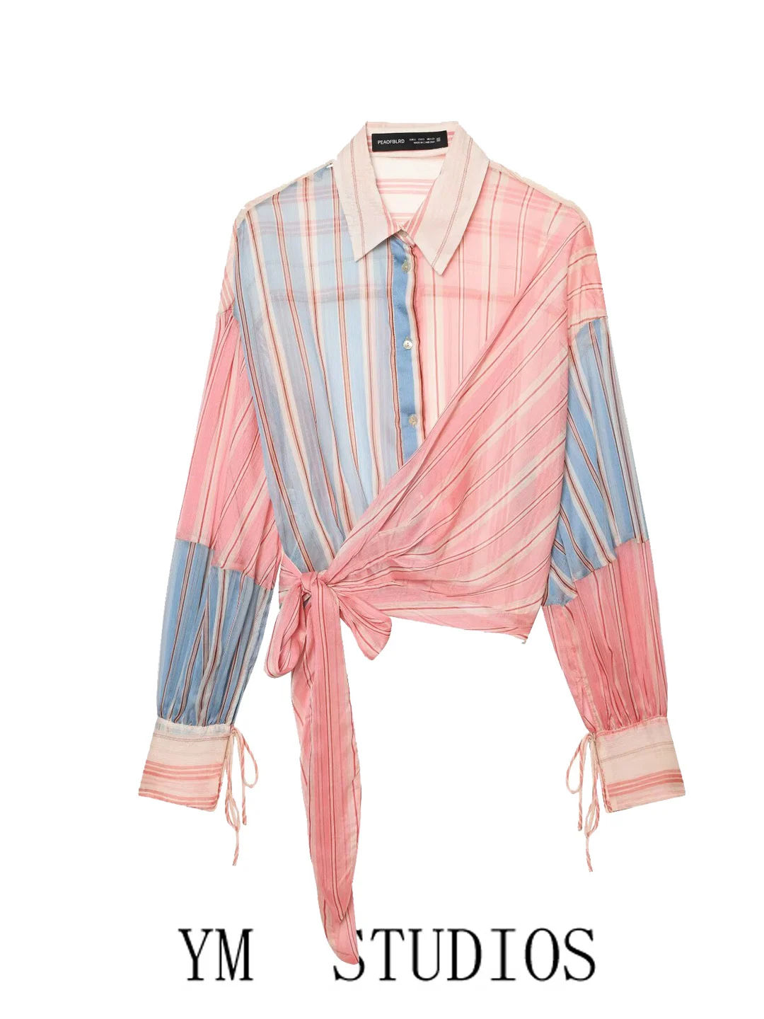 Women's Long Sleeve Shirt Stand Collar Patchwork Stripe Splice Belt Waist Inward Pull Polka Dot Polyester Breathable Casual S...