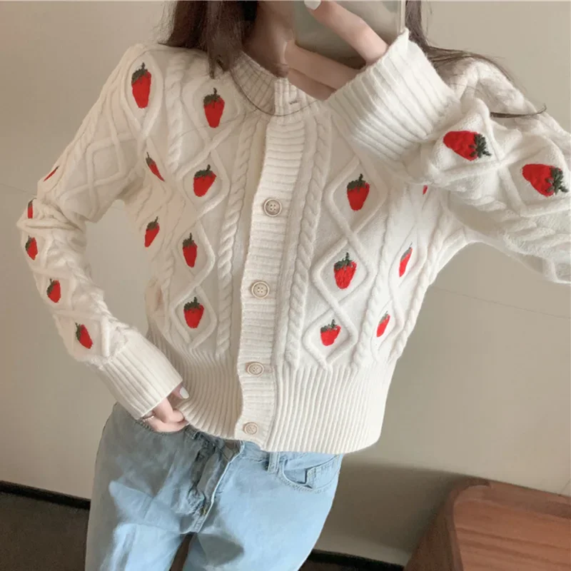 

Preppy Style Women O-Neck Loose Casual Short Cardigans Single Breasted Fashion Knitted Jumpers Sweet Strawberry Knitted Sweaters