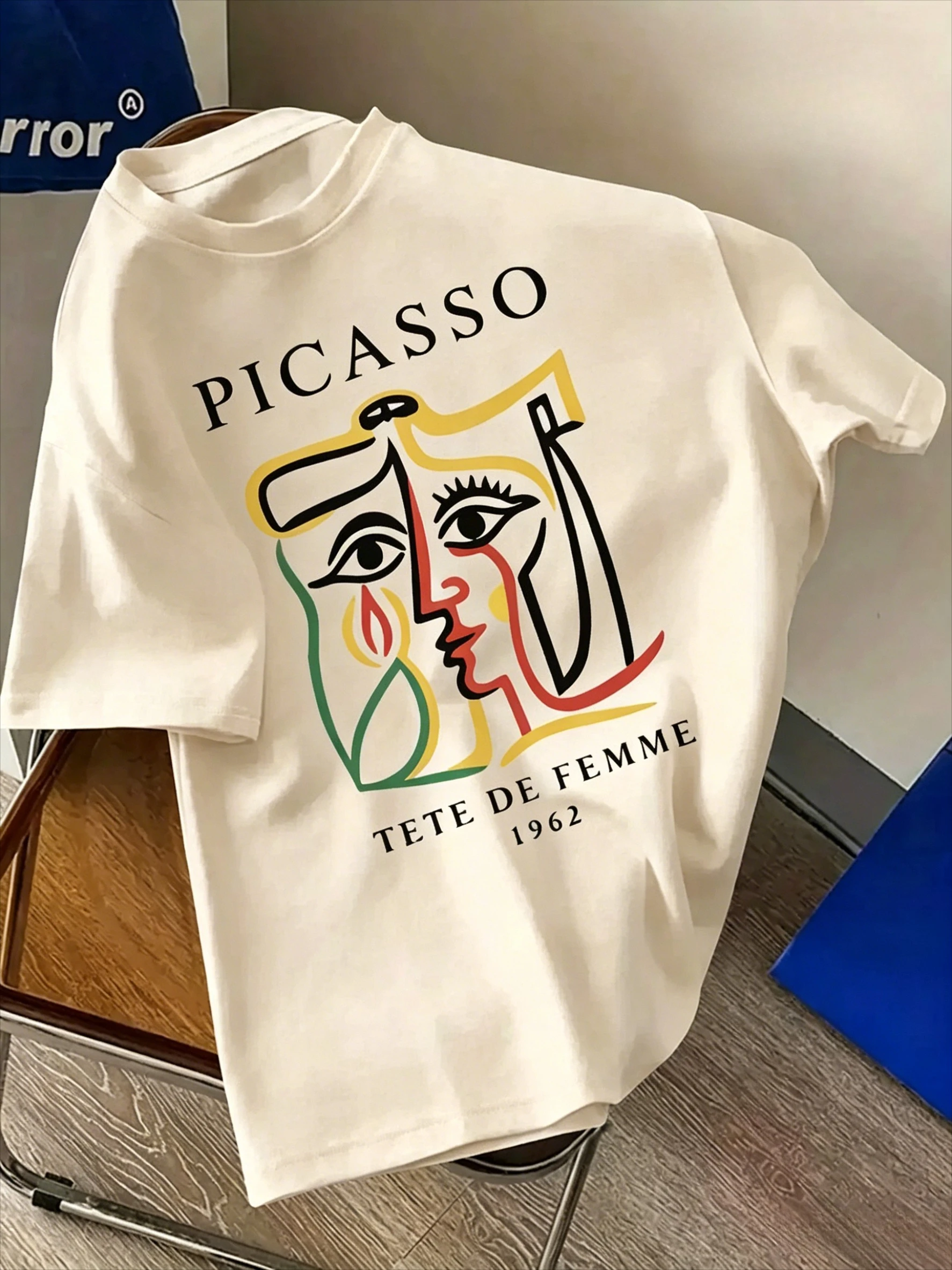 Men Art Street Style Summer T-shirt with Picasso Pattern Print Cotton Breathable Short-Sleeved Men's and Women's Casual T Shirt