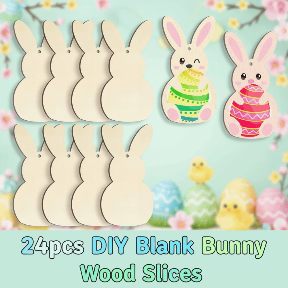 24pcs/set DIY Color Easter Bunny Wood Card Painting Toy Rabbit Shape Easter Rabbit Craft Unfinished Pendant