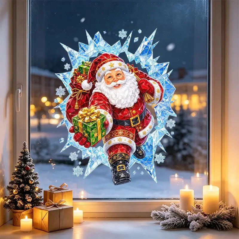Christmas Santa Claus Window Decal With Removable Adhesive Vibrant 3D Design For Home Xmas Holiday Decor