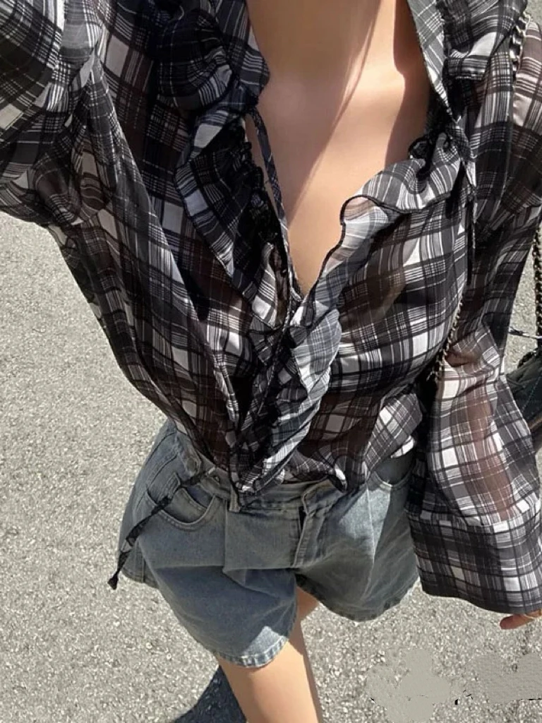 

Slimming Plaid irt Women's Vintage V-ne Loose Thin Sle Age-defng Versatile Top Cotton Polyester Long Sve Casual Wear