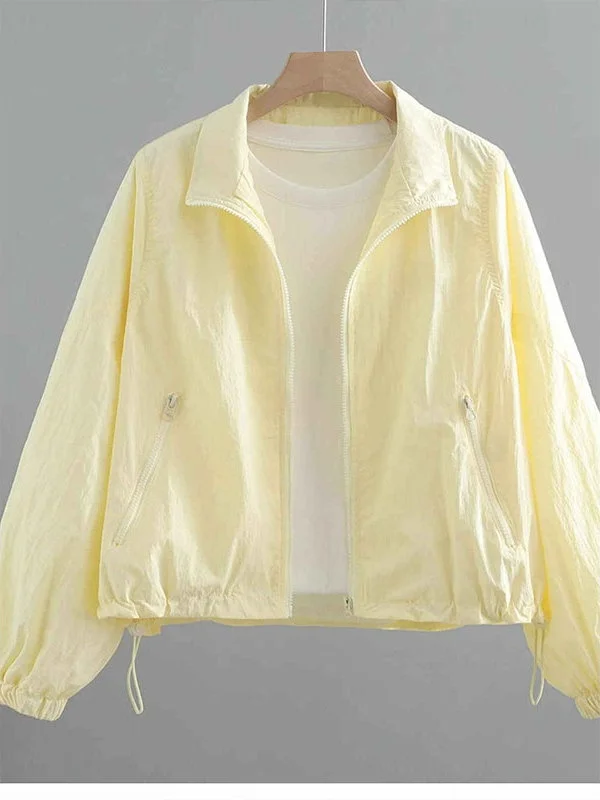 Women's Short Thin Drawstring Sun Protection Jacket Loose Fit Summer New Korean Style Breathable Long Sleeve Zipper Closure