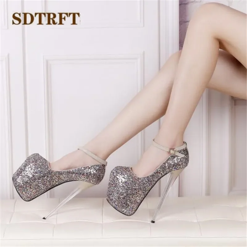 SDTRFT Crossdresser Stiletto 20cm Thin Heels Female Buckle Shoes Woman Gold Wedding Platform Bling Paillette Pumps US16 17 18 19