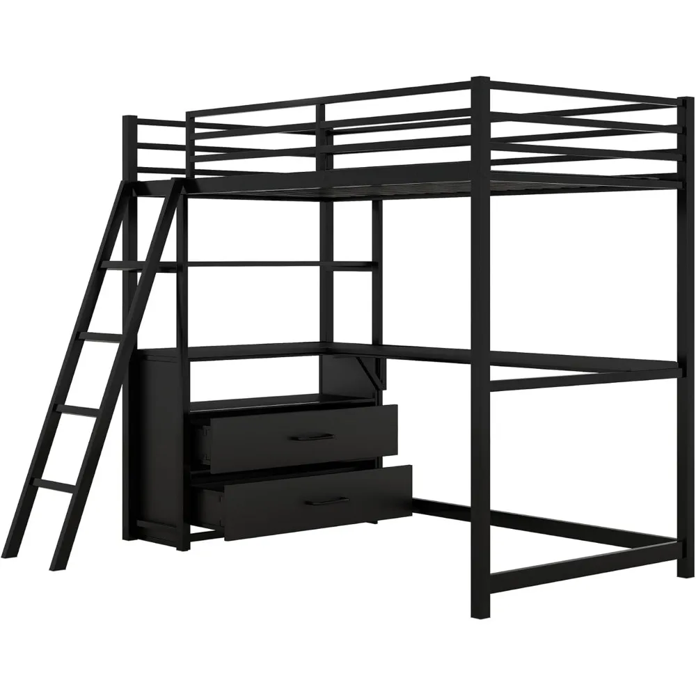 Cama Loft de Metal doble con escritorio y gabinete, marcos de cama de tamaño doble, cajón de Loft, parte superior de madera para aumentar la vida útil