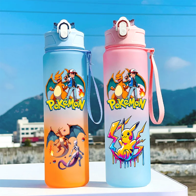 Bouteille d'eau Pokémon 750 ml, gourde en plastique à paille, couleur dégradée, accessoire d'anime, pour l'école, cadeau