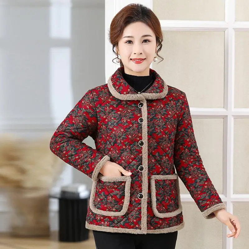 

andma's Winter Cotton Jaet Floral Print ort Thiened Fce Collar Coat Mom's Sle Winter Warm Cotton Clothes for Eld...
