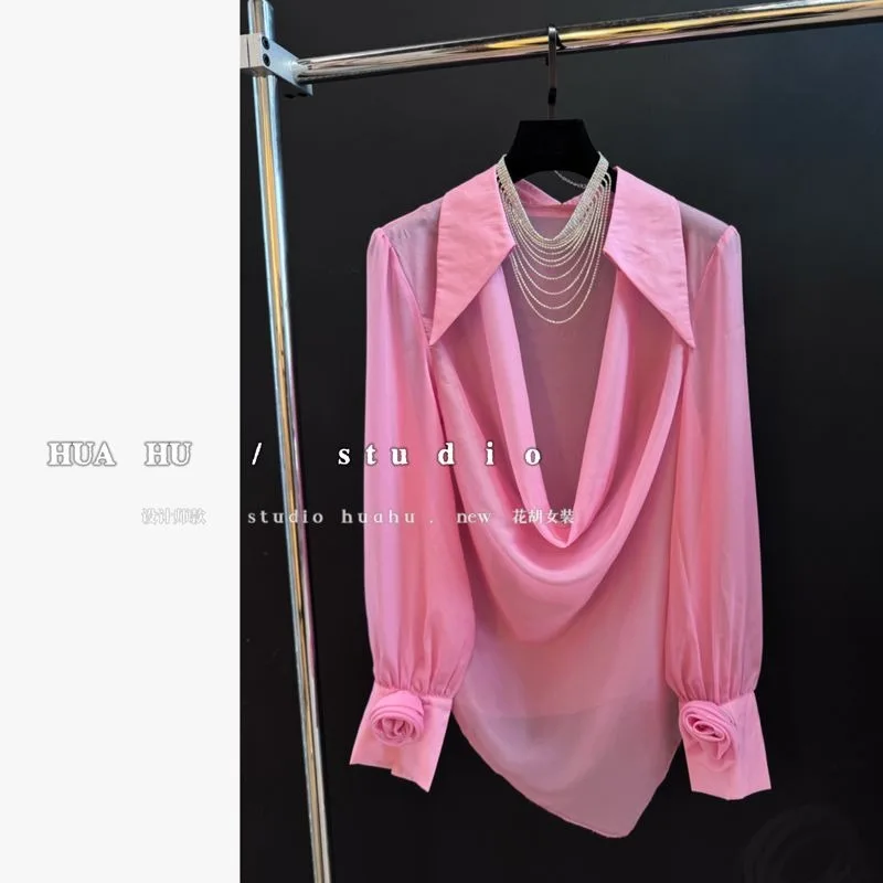 

Элегантная женская блузка из шифона ручной работы с цветочным узором, на заказ, с длинным рукавом