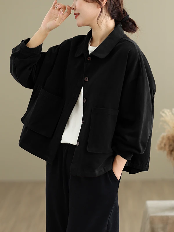 カジュアルなコットンワークウェア、またはジャケット、女性用、秋、大きいサイズ、ゆったりフィット、襟付き、長袖、オープンカーディガン、トップス、芸術的な斜め...