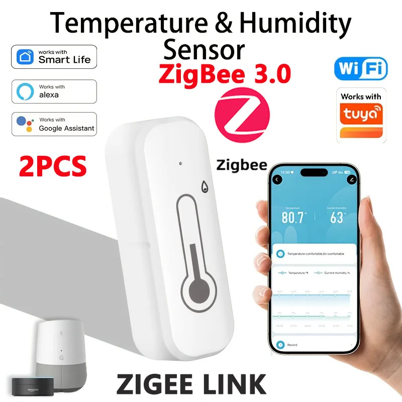 

Датчик температуры и влажности Tuya с управлением через приложение, Zigbee 3.0/WiFi, для умного дома, мониторинг климата в помещении в реальном времени, совместимость с Alexa и Google Assistant