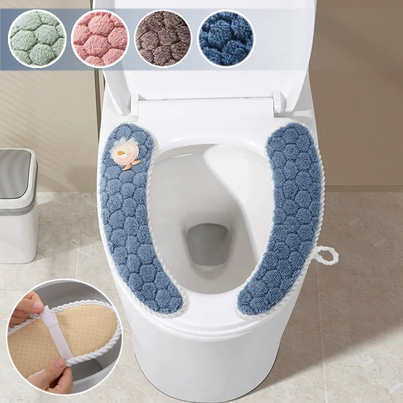 

Winter Warm Toilet Seat Cover Soft Cushioned Lid Pad with Handle Cute Flower Design Washable Removable for Bathroom Accessories
