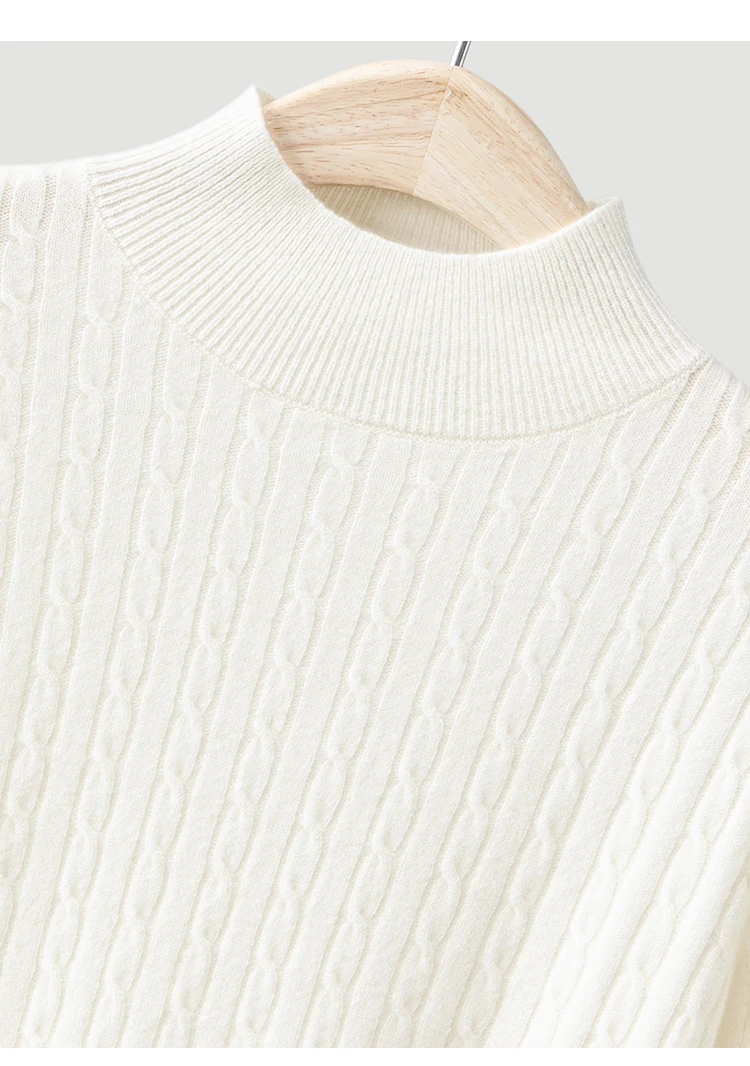 BL4621756 Damen-Oberteil mit Stehkragen, kurzen Ärmeln, 100% Kaschmir, Zopfmuster, Lederabzeichen, Kettenkontrast-Manschettenbesatz, Frühherbst – Detail 18