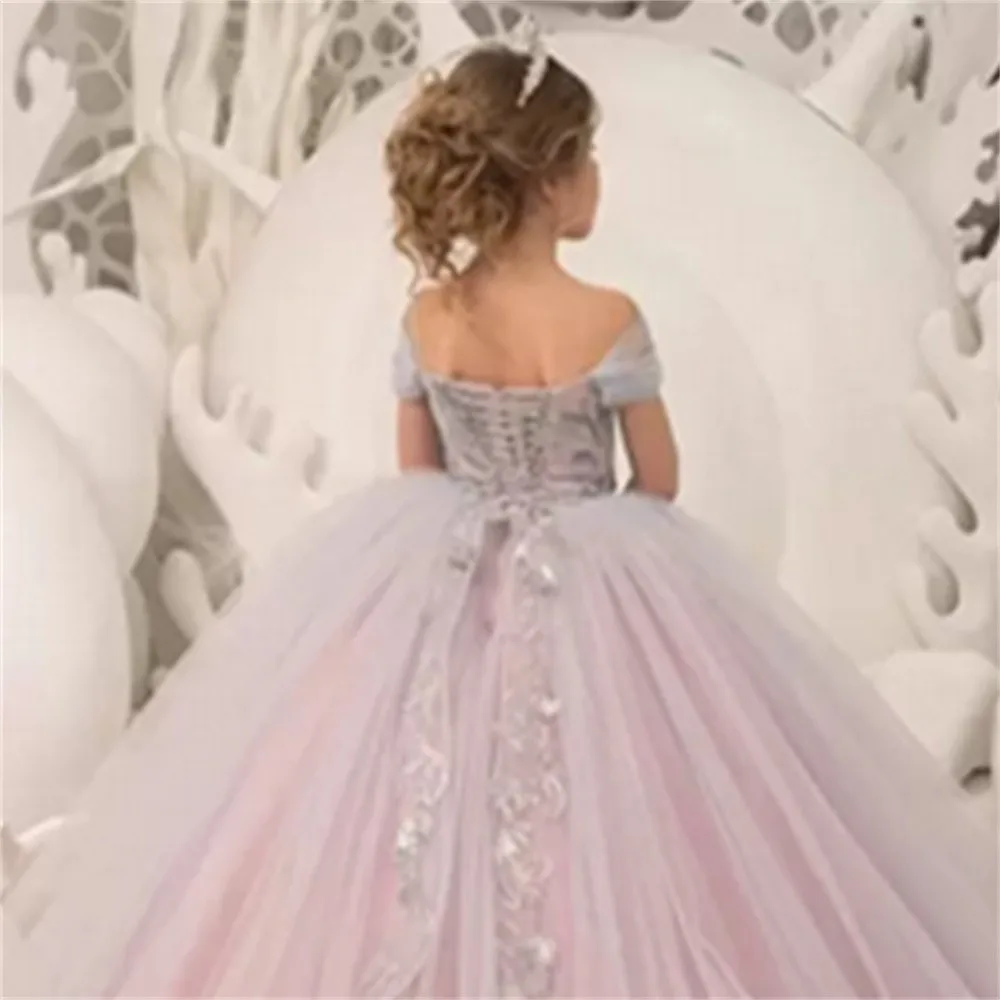 Gauze Lace Printing Sling Layered Princess Flower Girl Dresses Wedding Party Ball First Communion Gowns Dream Kids Birthday Gift