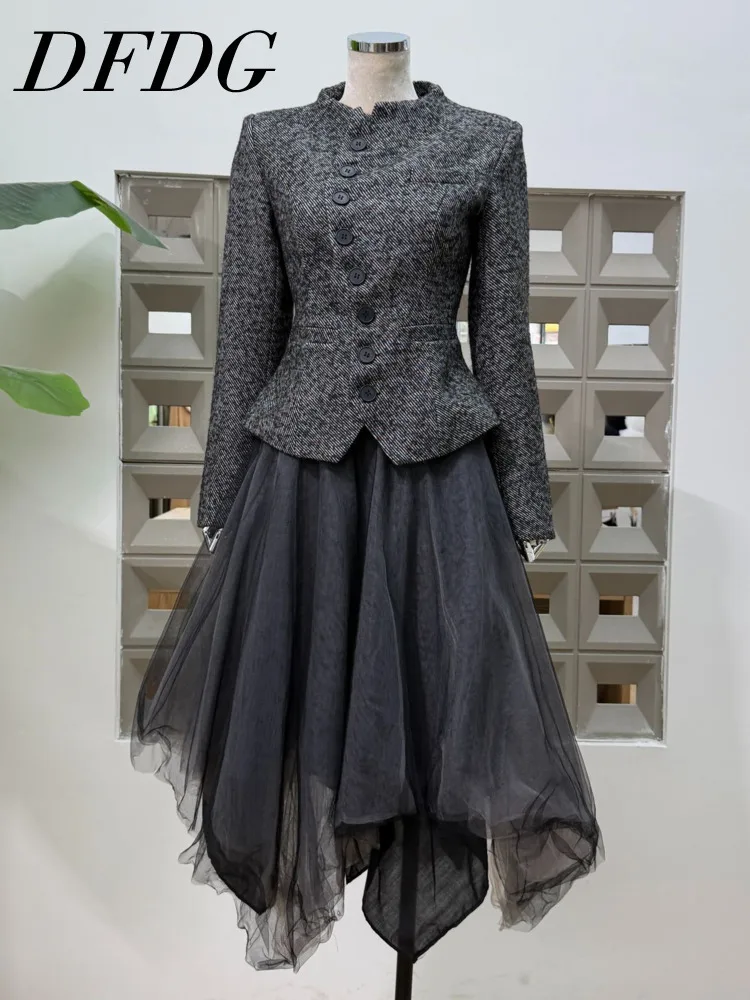 

DFDG Women’s Grey Tweed Blazer Waist Cinched Hourglass Asymmetrical Buttons Lined Elegant Designer 2025 Spring Autumn Jacket