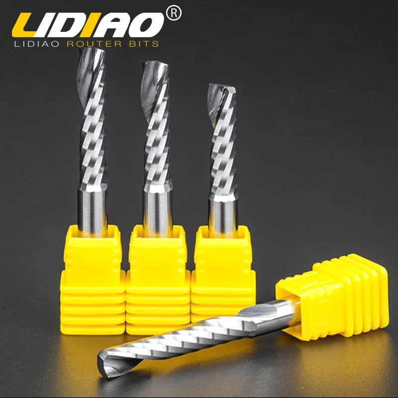 LIDIAO-broca enrutadora Cnc 3d, corte de grabado, vástago 3.175 /4/6, una sola flauta, fresado de carburo en espiral, acrílico, PVC, madera, MDF