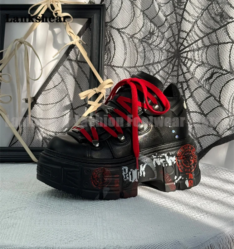 

Tank Platform Round Toe Punk Boots High Heels Lace-Up Boots Designer Style Booties Women's High Increase Shoes Botas Mujer