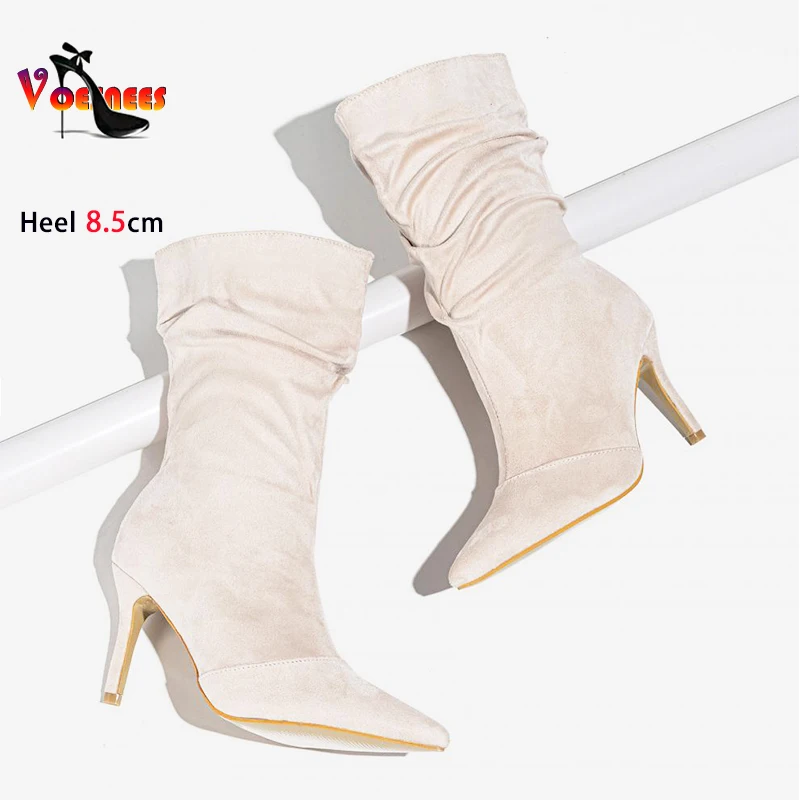 Women Boots 8.5CM Red High Heels Faux Suede Spring Autumn Ladies Shoes Designer Fashion Pleated Mid-Calf Boots Sapatos Femininos