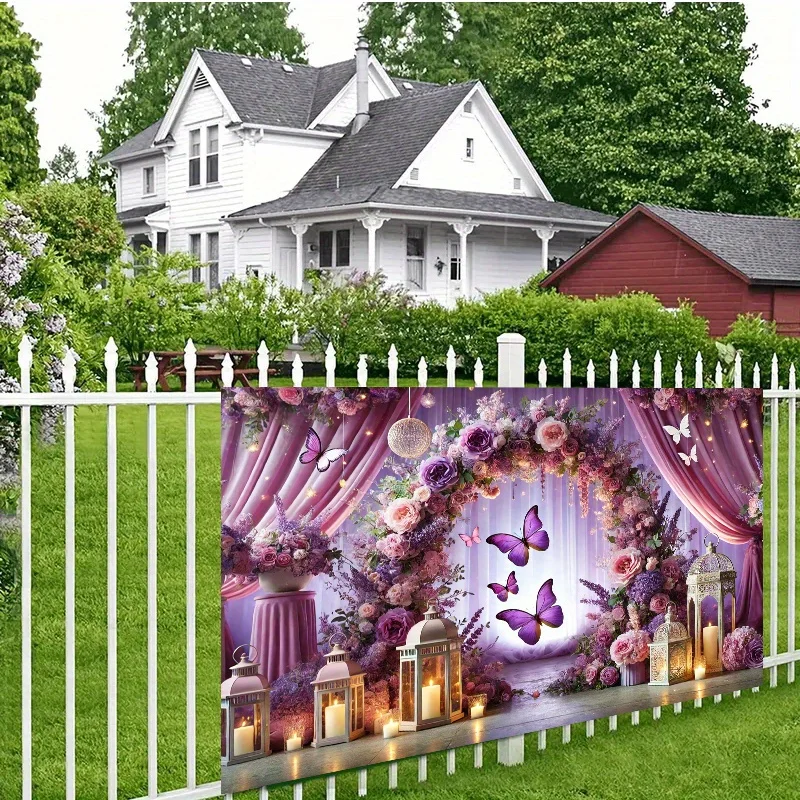 1 Break through, enchanting purple butterfly dreamy garden background banner, suitable for families and outdoor parties