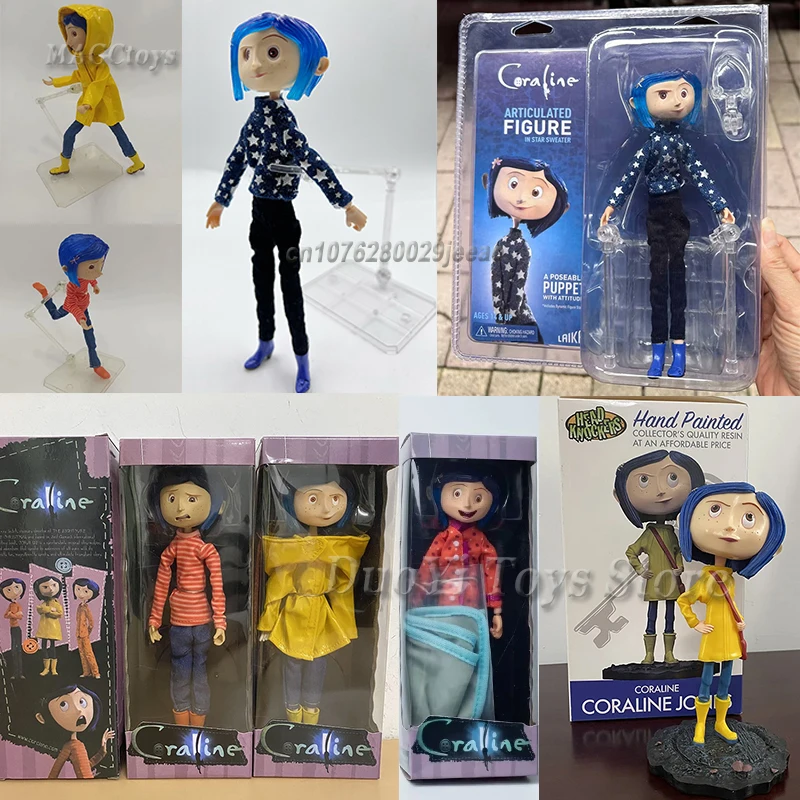 NECA Anime Coraline Doll Articulated Anime Figure Raincoat Sweater In Striped Shirt Toy LA Girl Decoration Model Bithday Gifts