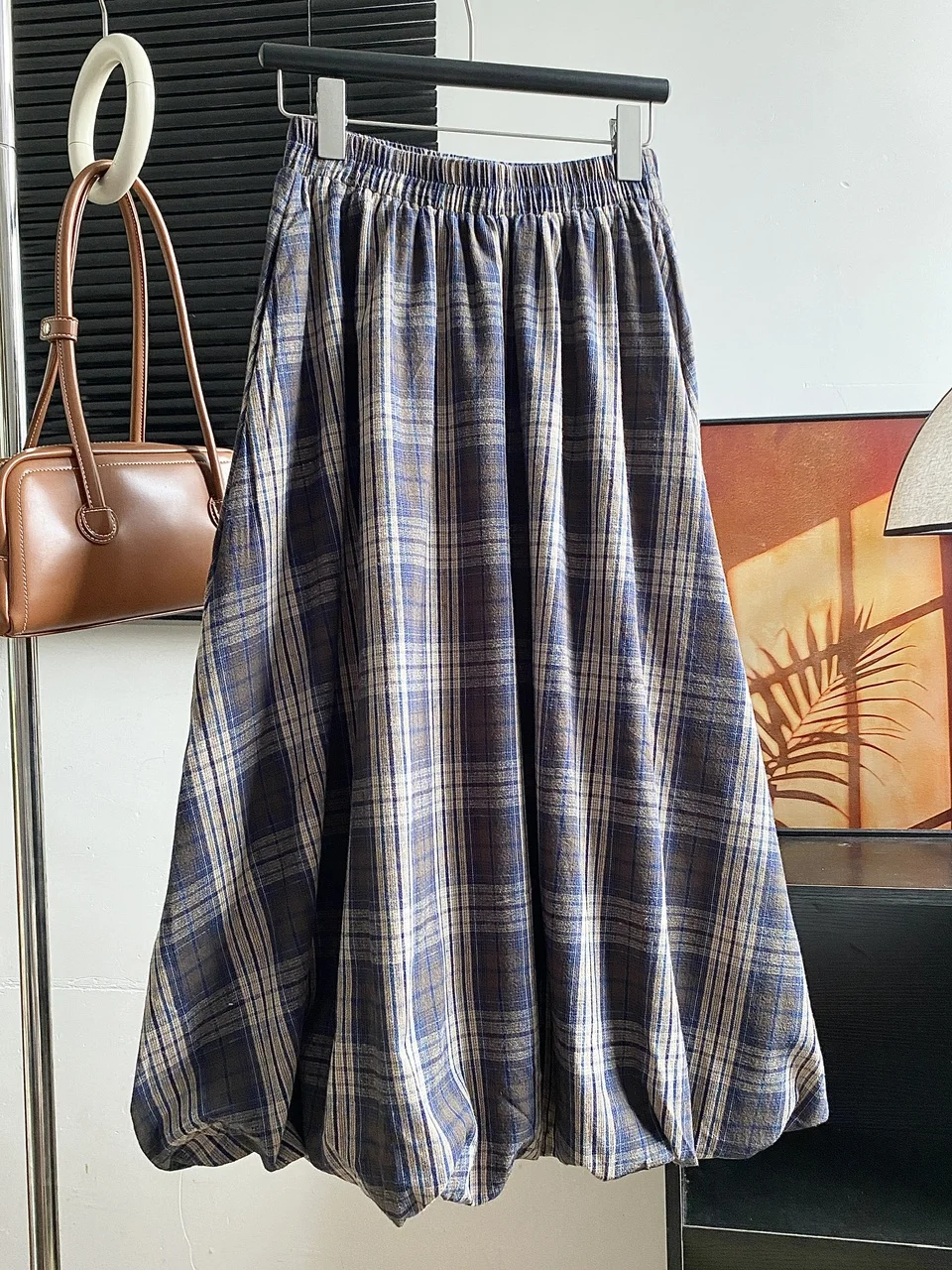 

Retro Plaid High Waist Flower Bud Dress Loose All Match Women's Skirts Autumn New Commuting Ankle Length Skirt