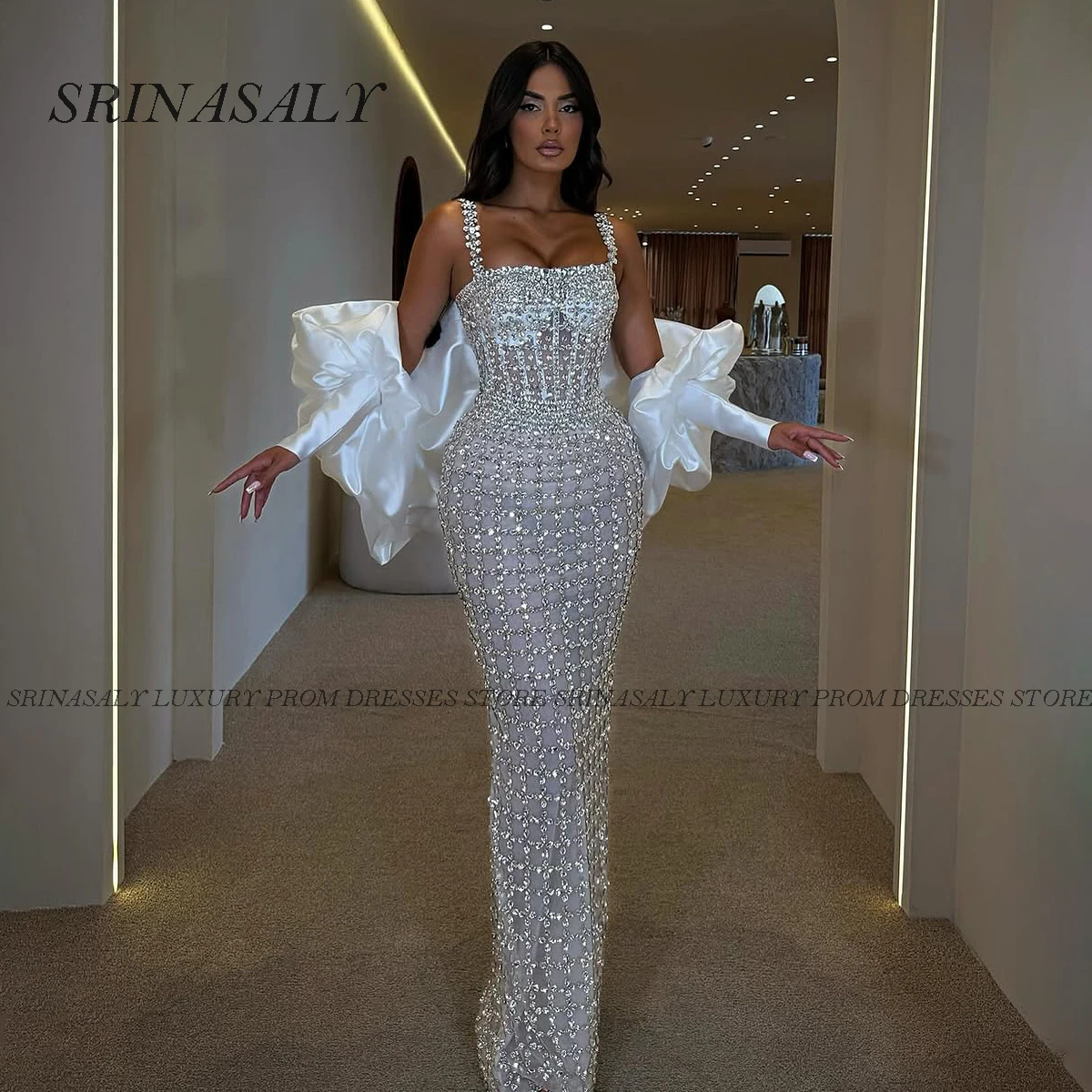 Angepasst Sparkly Diamanten Lange Meerjungfrau Prom Kleider Für Mädchen Party Robe Kristall Perlen Abendkleid vestidos de gala