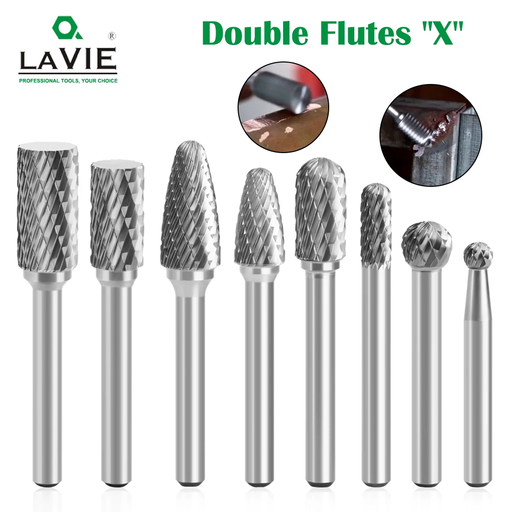 LAVIE 8PC Set Tungsten Steel Grinder Carbide Rotary File End Milling Cutter Woodworking Metal Grinding Engraving Double Groove