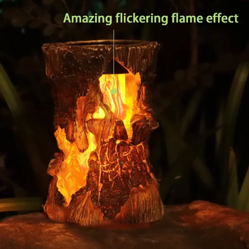 New Solar Tree Stump Lamp Resin Material Outdoor Waterproof Flame Decoration Courtyard Landscape Atmosphere Lamp