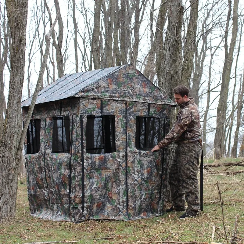 Deluxe Heavy Duty Steel Hunting Ground Blind, Semi Permanent, 360 See Through Fabric, 3-Person Natural Camouflage