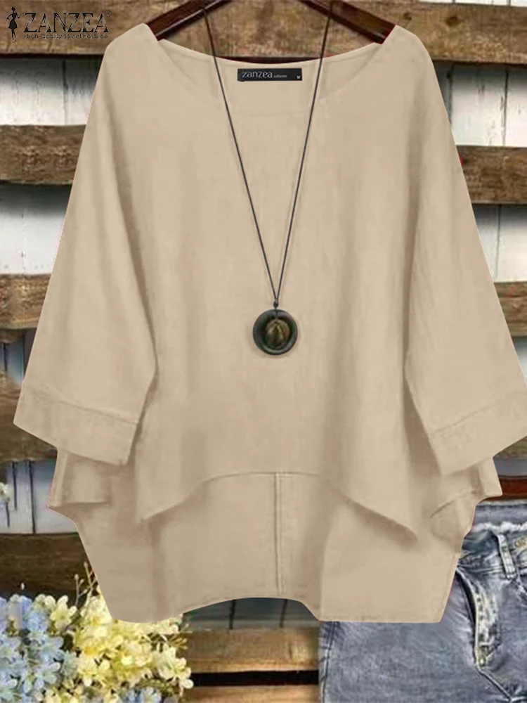 

ZANZEA Woman Loose Asymmetrical Hem Blouses 2025 Autumn 3/4 Sleeve O-Neck High-Low Cotton Blusas Mujer Everyday Casual Tops
