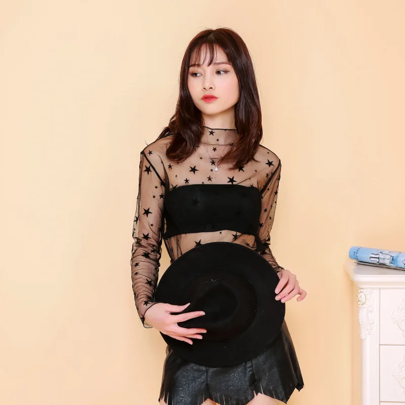 Summer Sexy Long-sleeved Lace Thin Shirt Female Perspective Lace Mesh Shirt Black Transparent Tops Shirt Blouse 1pcs ds501