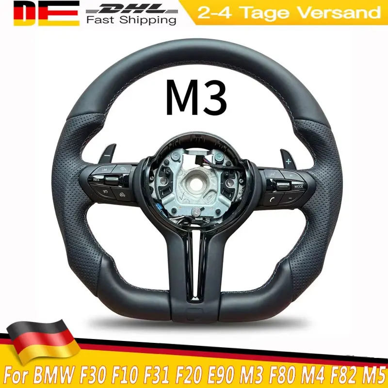 Image of Leder-Material M Sport Lenkrad für BMW Flachboden M3 M5 F01 F06 F10 F11 F12 F20 F21 F22 F25 F26 F30 F31 F32 F33 F34 F36 F80 M4 F82 F90 E90 X1 X3 X4 X5 Halbperforiertes Lederlenkrad