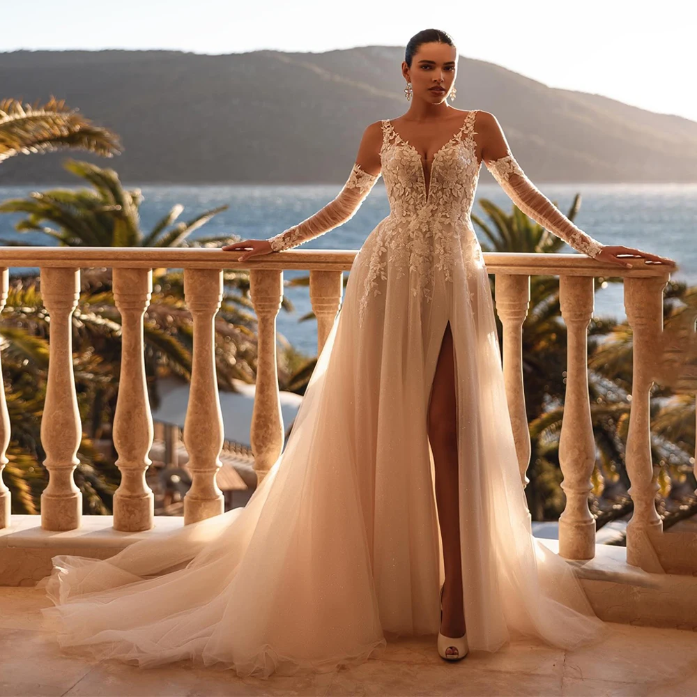 

Свадебное платье на тонких бретельках с кружевной аппликацией и V-образным вырезом на заказ, с рукавом 3/4, сексуальная глубокая спина свадебное платье