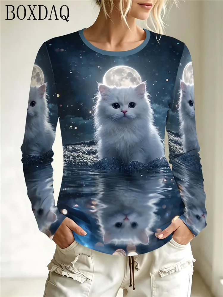 Autumn/Winter Women's Round Neck Long Sleeve T-Shirts Casual 3D Cute Cat Printing T-Shirts New Fashion Date Women's Clothing Top