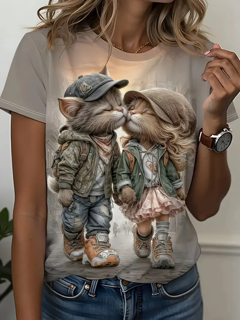 

Women's Romantic Couple Cute Cartoon Cat Printed T-shirt Fashion Harajuku Casual Street Daily Short sleeved Women's y2k Clothing