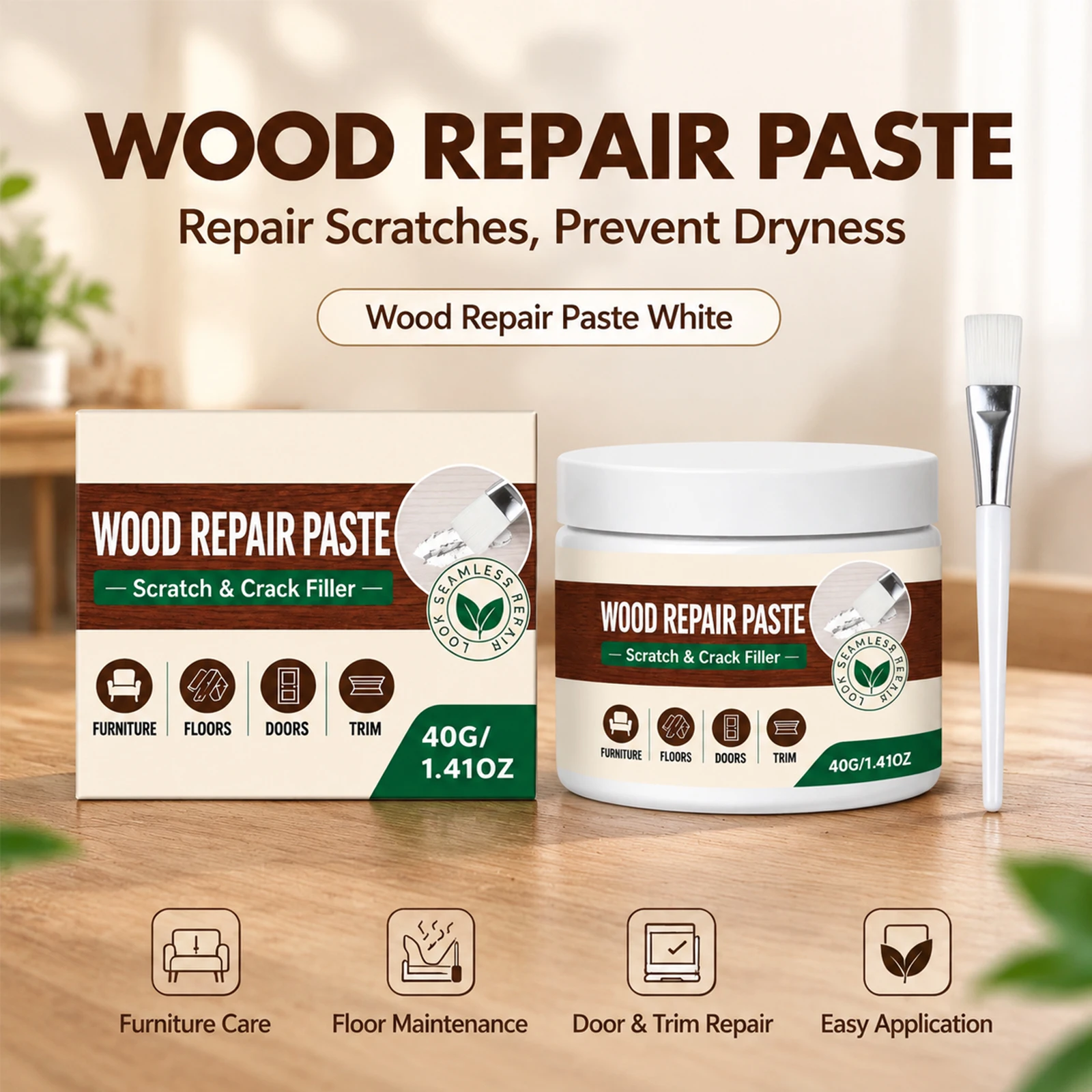 White Wood Repair Paste for Furniture Floors Crack Filler Covers Scratches Reduce Dryness Wood Furniture Repair Cream with Brush