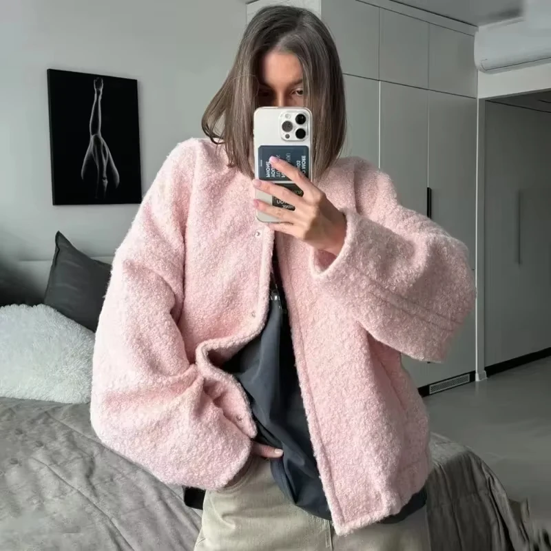 

Women's Pink Short Fur Jacket Autumn Loose Fashion Long Sleeve Jacket Top Casual Stand Collar Pocket Button Warm Jacket