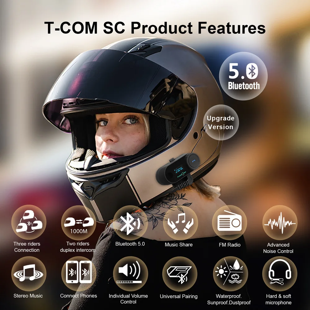 Motorcycle Bluetooth Helmet Headset Intercom Freedconn T Com Sc BT 5.0 Music Share FM Radio Microphone Communicator for Motor