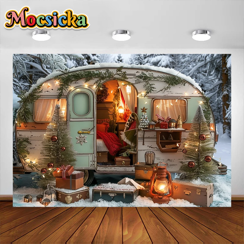 Winter Christmas Car Photography Background Camping Forest Xmas Trees Kids Family Portrait Decor Backdrop Photo Studio Props