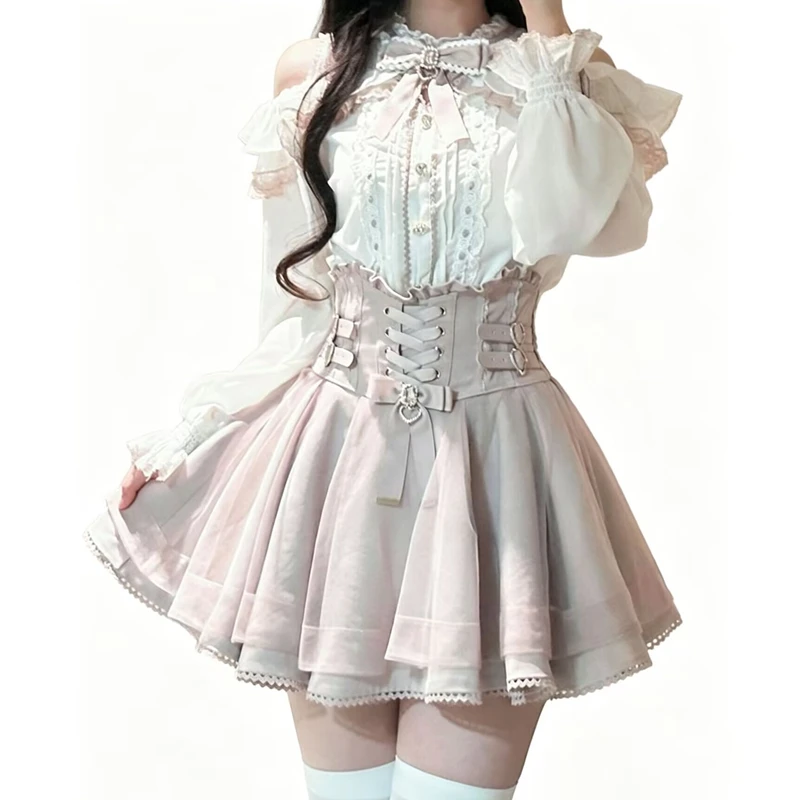 Ensembles chemise et jupe courte Kawaii japonais, chemise à volants doux et à épaules dénudées avec nœud, jupes mini esthétique Y2K, robe Lolita