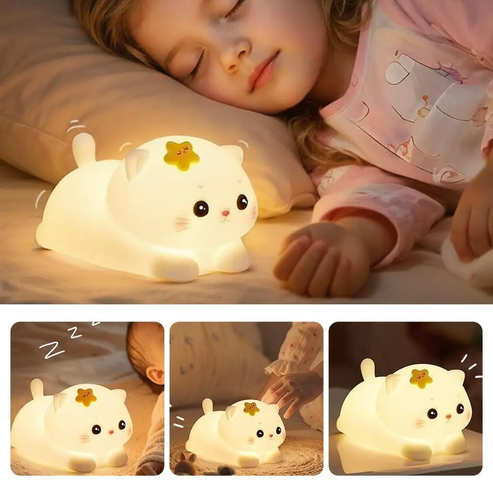 Voice Control Cat Night Light Smart Voice Activated Bedside Lamp Squeezable Silicone Nursery Light 2 Brightness Levels