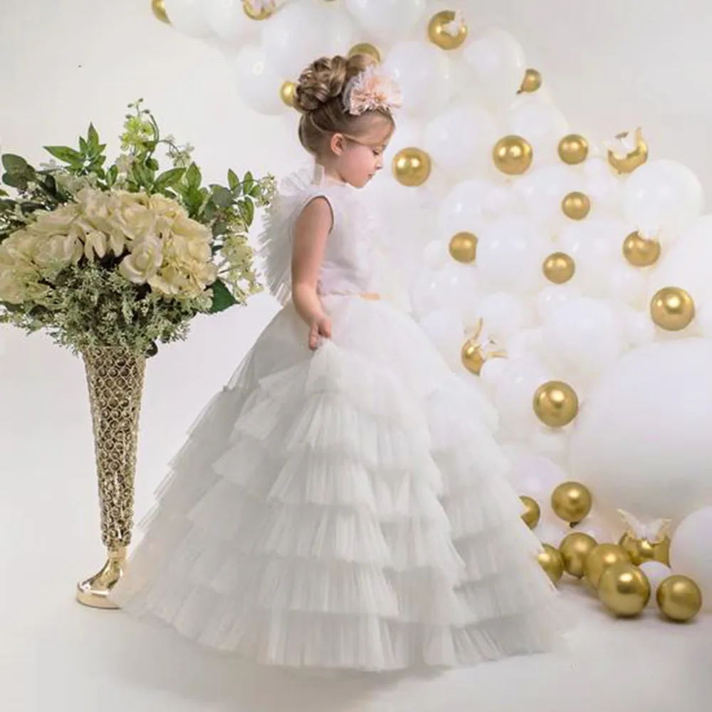 

White Layered Flower Girl Dress For Wedding Tulle Puffy Sleeveless Princess Kids Birthday Party Pageant First Communion Gowns