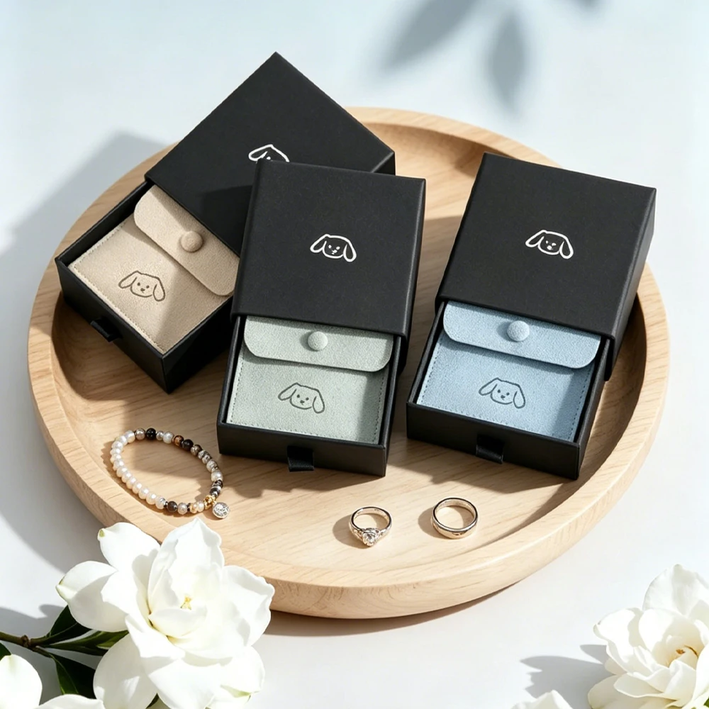 

Personalized Logo Bulk Birthday Wedding Party Gift Jewelry Bags Drawer Slide Boxes Case with Suede Button Pouches Microfiber Bag