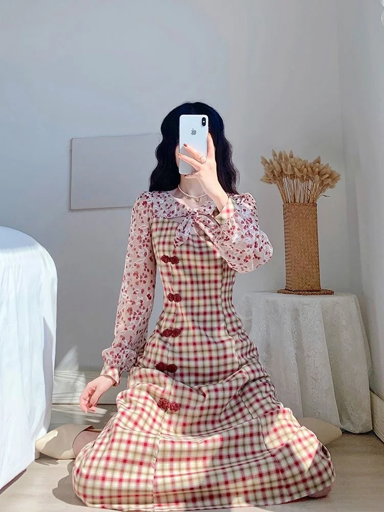 Spring 2023 New Plus Size Women Plaid Dress French Niche Design With Improved Cheongsam Long Sleeved Vestido Party Dresses