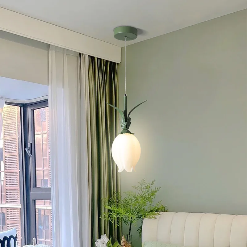 Nordic Style Macaron Green / White Metal Flower Model Pendant Lights Acrylic Blossom LED 7W Cord Hanging Bedside Droplights image 3