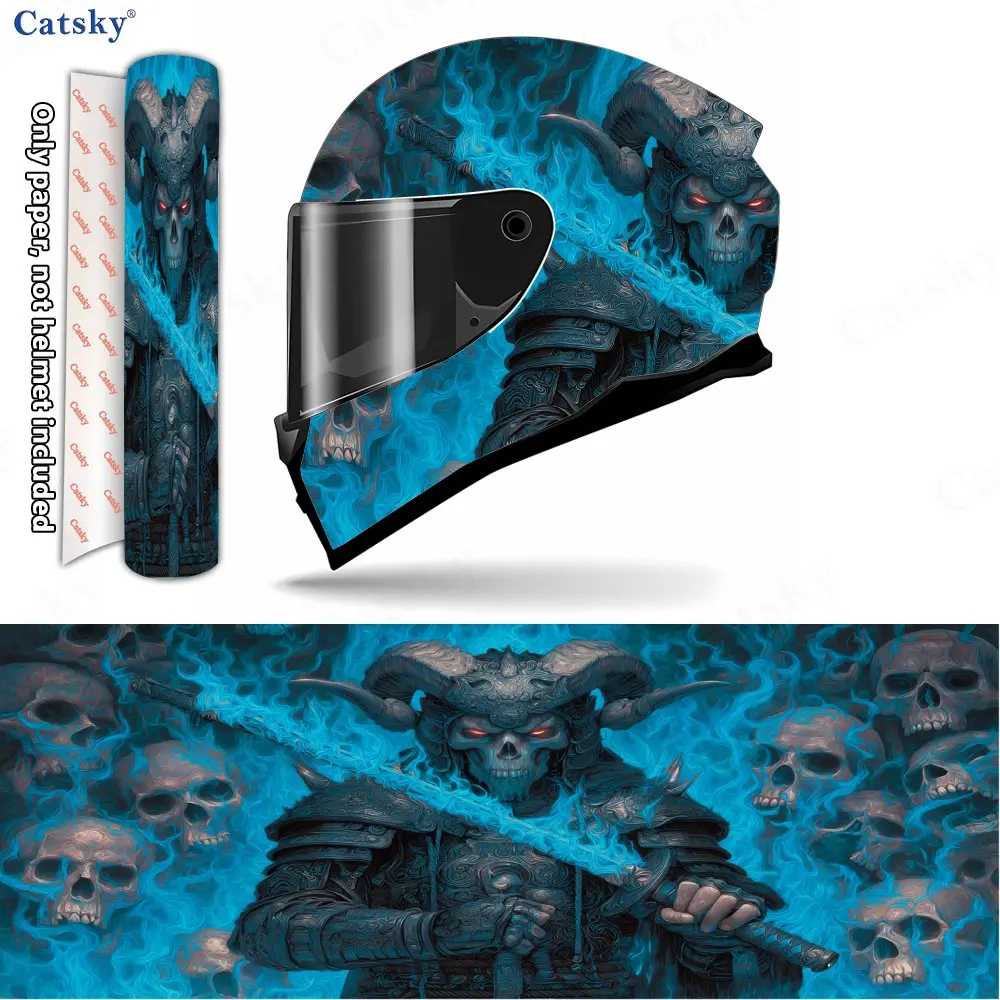 Icy Blue Skull Demon Samurai Pattern Helmet stickers , PVC Material Multifunctional Helmet Stickers, Scratch-Resistant & Fade-Pr