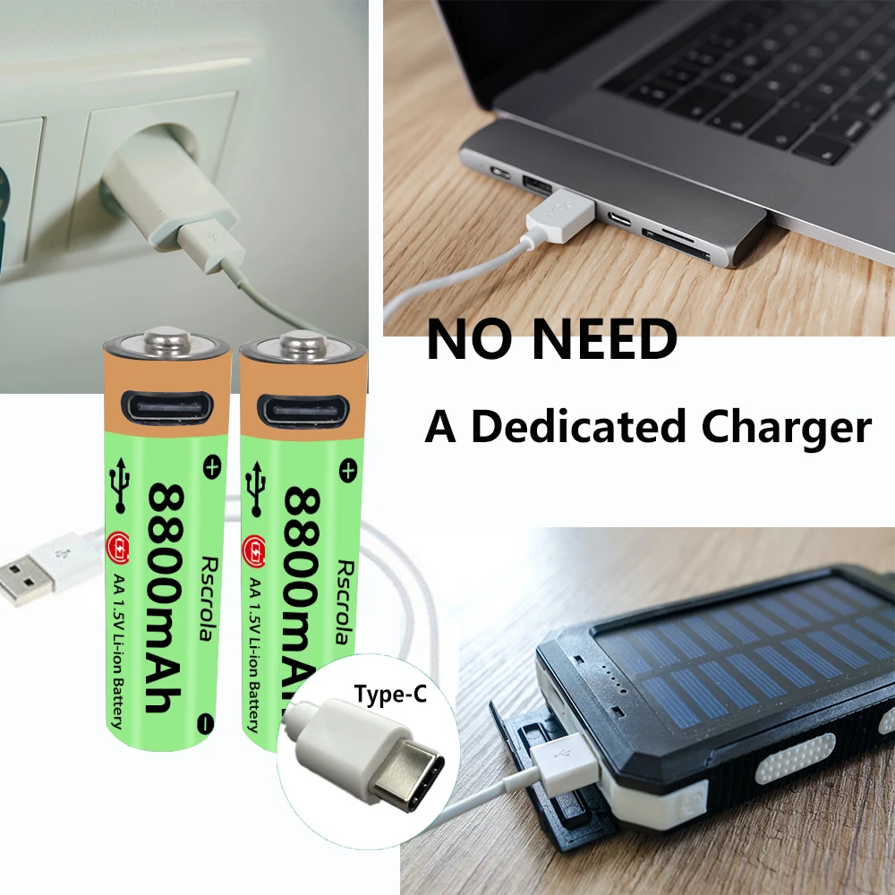 Upgraded Long-Lasting AA Li-ion Battery Type-C Large Capacity Rechargeable Battery 1.5H Fast Charge Over 1500 Cycle Battery Life