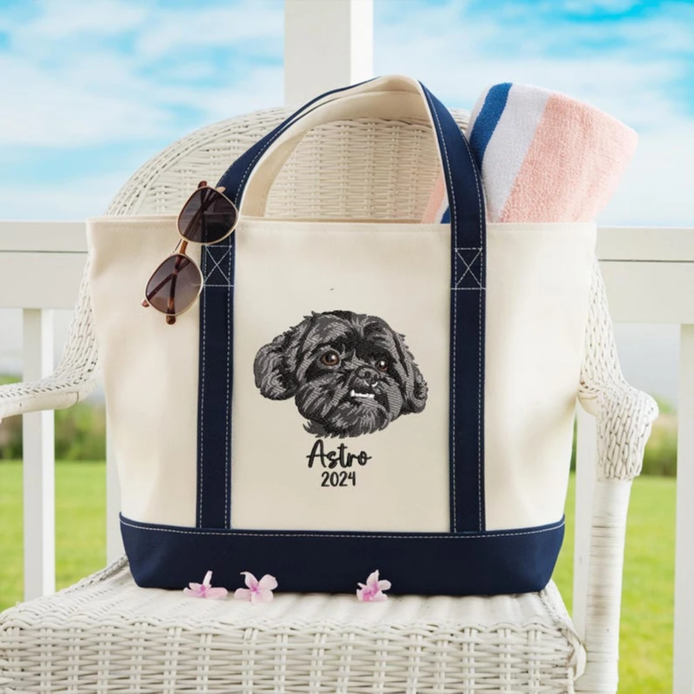 Custom Pet Portrait Tote Bag Dog Cat Mom Gift Personalized Two Tone Color Block Canvas Bag Large Capacity Inner Zipper for Women