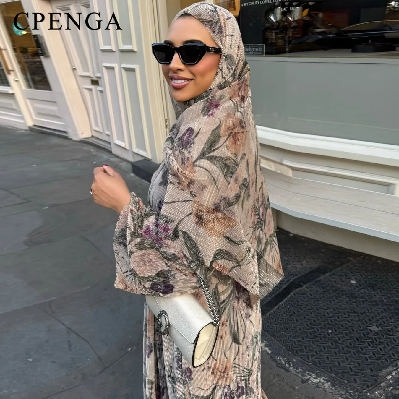 Abito Abaya Dubai stampato a pieghe Ramadan con Hijab Cardigan da donna musulmana in due pezzi Abito da vacanza islamico Caftano turco