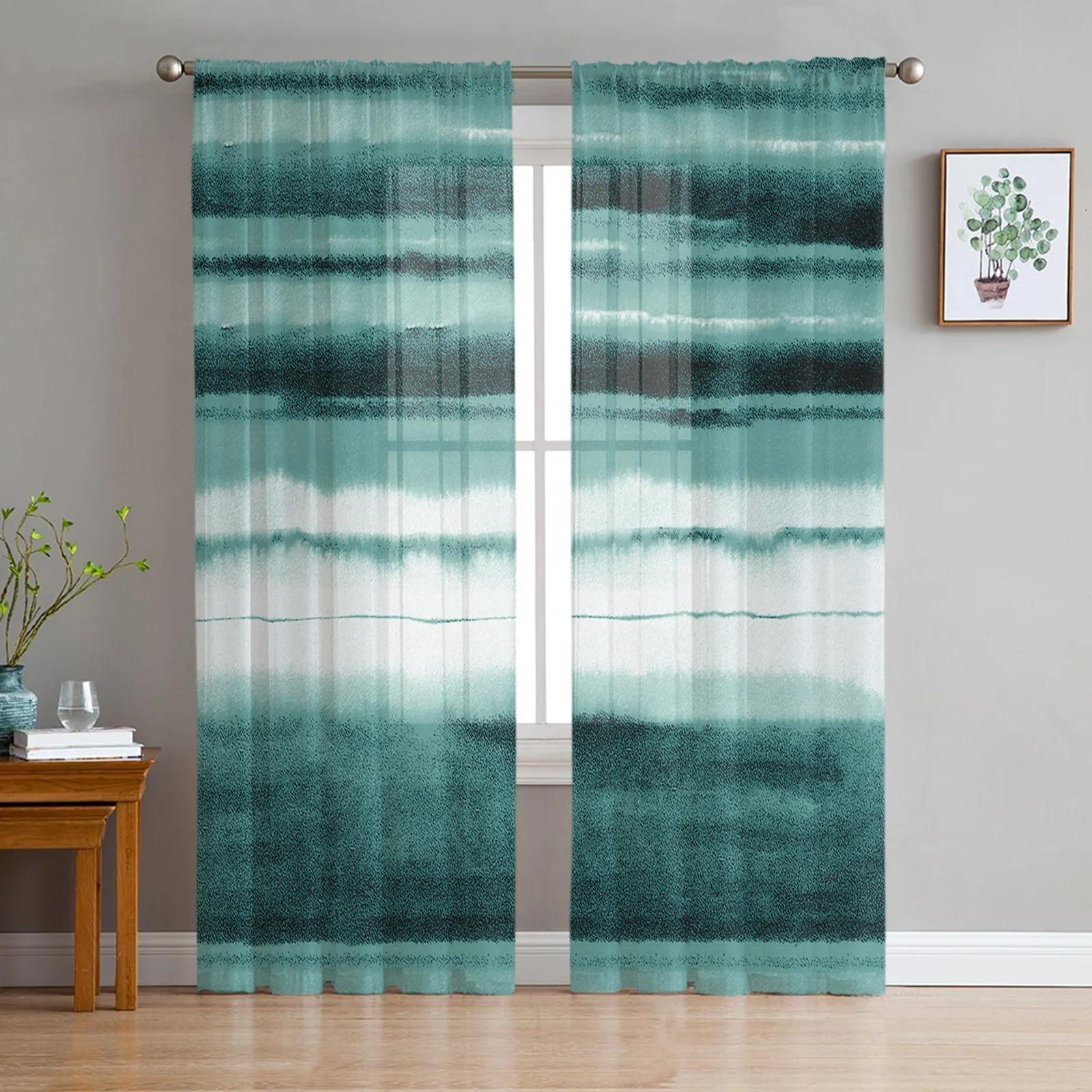 

Watercolor Stripes Gradient Green Window Tulle Curtains for Living Room Kitchen Modern Window Treatments Voile Curtains