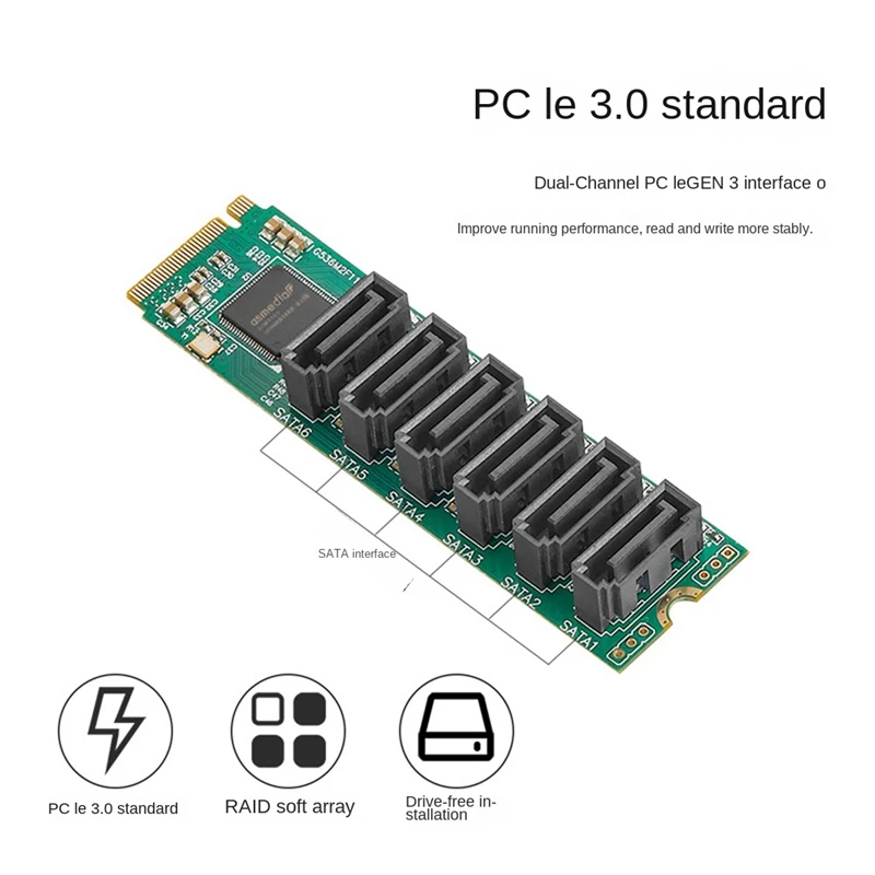 M.2(Pcie 3.0) To 6 Ports Expand Card SATA III 6G SSD Adapter With 3 SATAIII Cable Pcie Gen3x2 Non-RAID Asmedia 1166 Chip